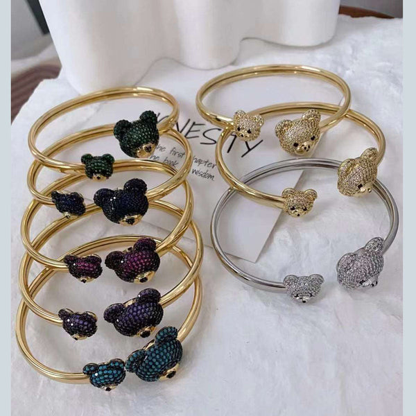 Green Twin Teddy Bear Cubic Zirconia Copper 18K Gold Kada Cuff Bulk Main image