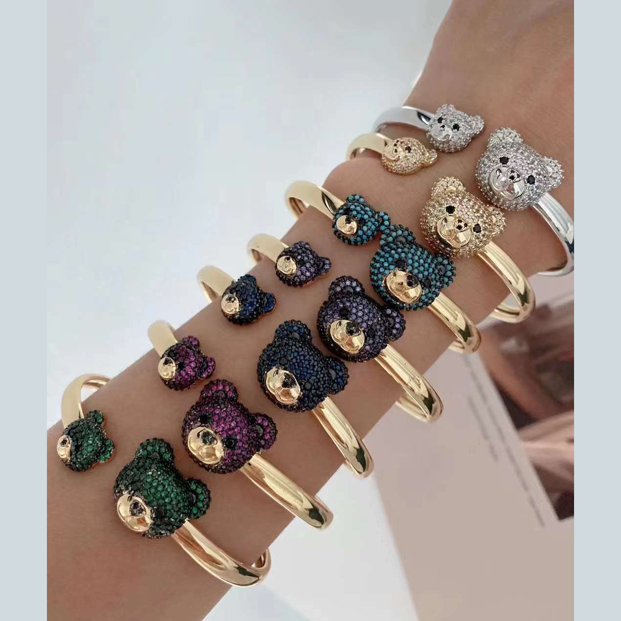 Green Twin Teddy Bear Cubic Zirconia Copper 18K Gold Kada Cuff Bulk