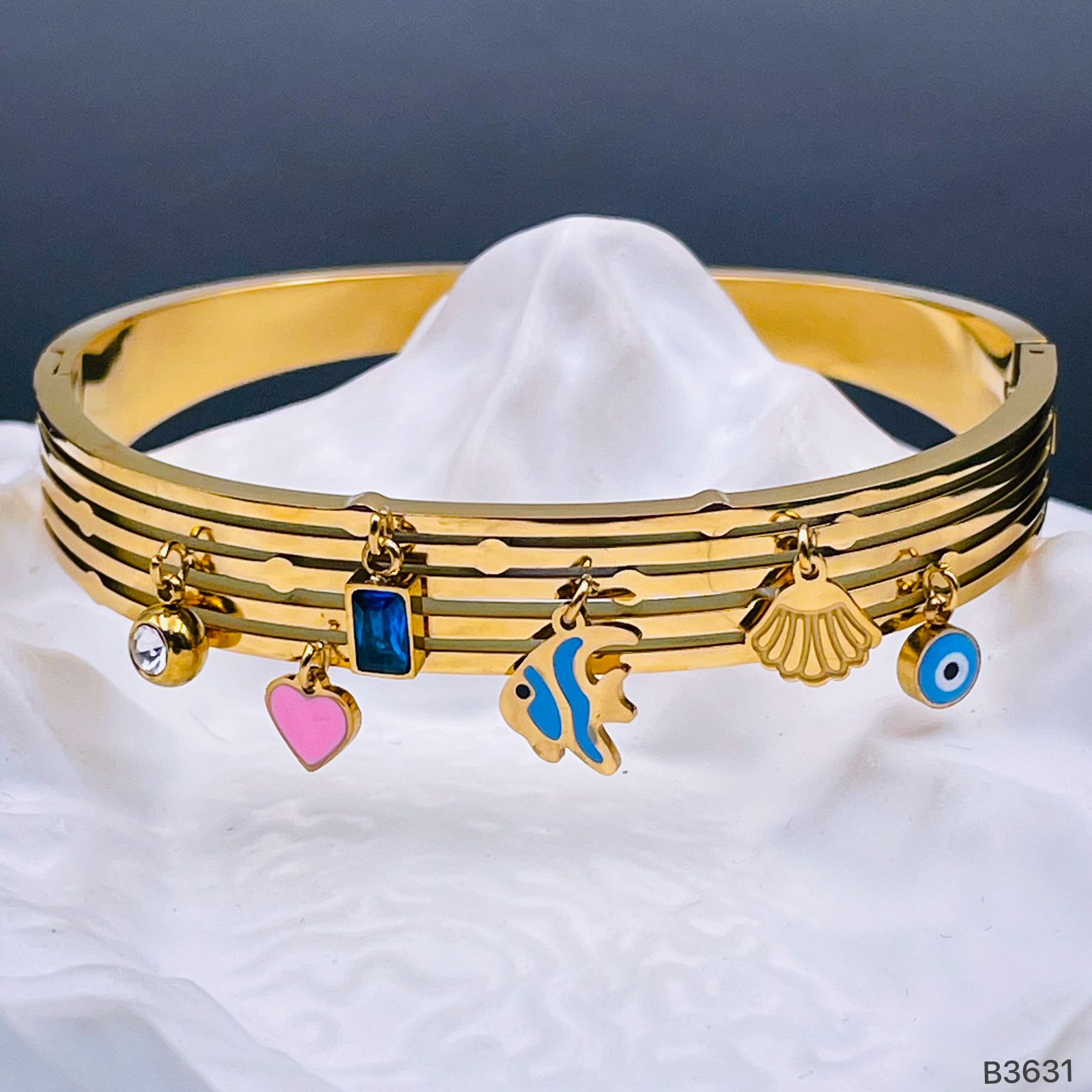 Evil Eye Dangling Charms 18K Gold Stainless Steel Openable Kada Bracelet for Women Main image
