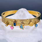 Evil Eye Dangling Charms 18K Gold Stainless Steel Openable Kada Bracelet for Women