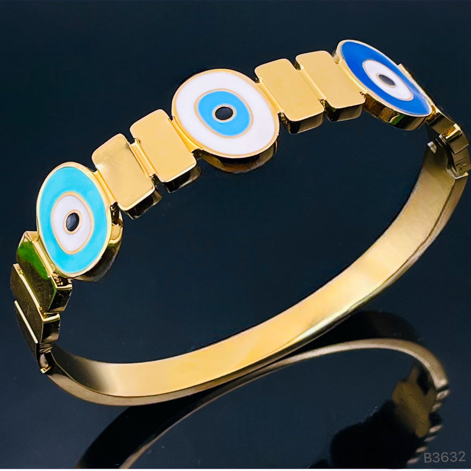 Triple Blue Evil Eye Gold Stainless Steel Openable Kada Bracelet Bulk Main image
