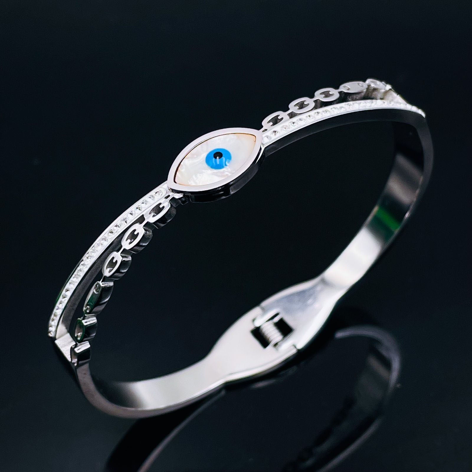 Mother of Pearl Evil Eye Silver Stainless Steel Openable Kada Bracelet for Women Main image