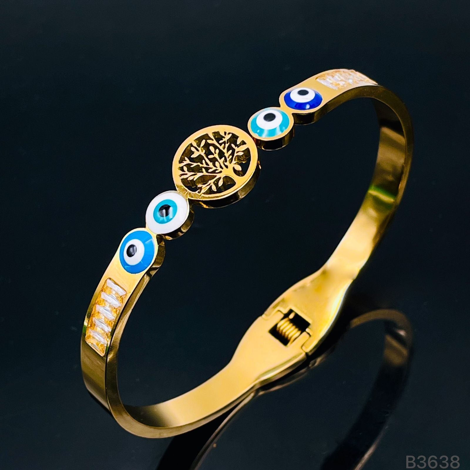Tree Of Life Evil Eye Gold Stainless Steel Openable Kada Bracelet Bulk