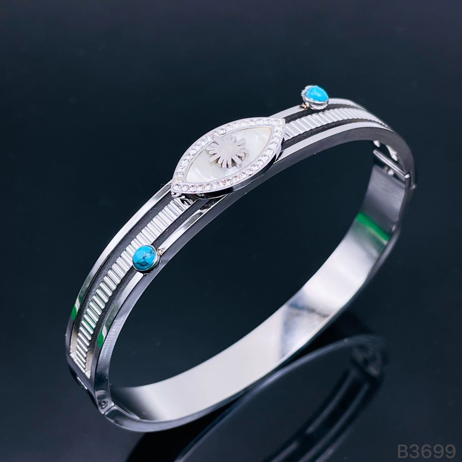 Turquoise Mother of Pearl Evil Eye Silver Stainless Steel Openable Kada Bracelet for Women Main image