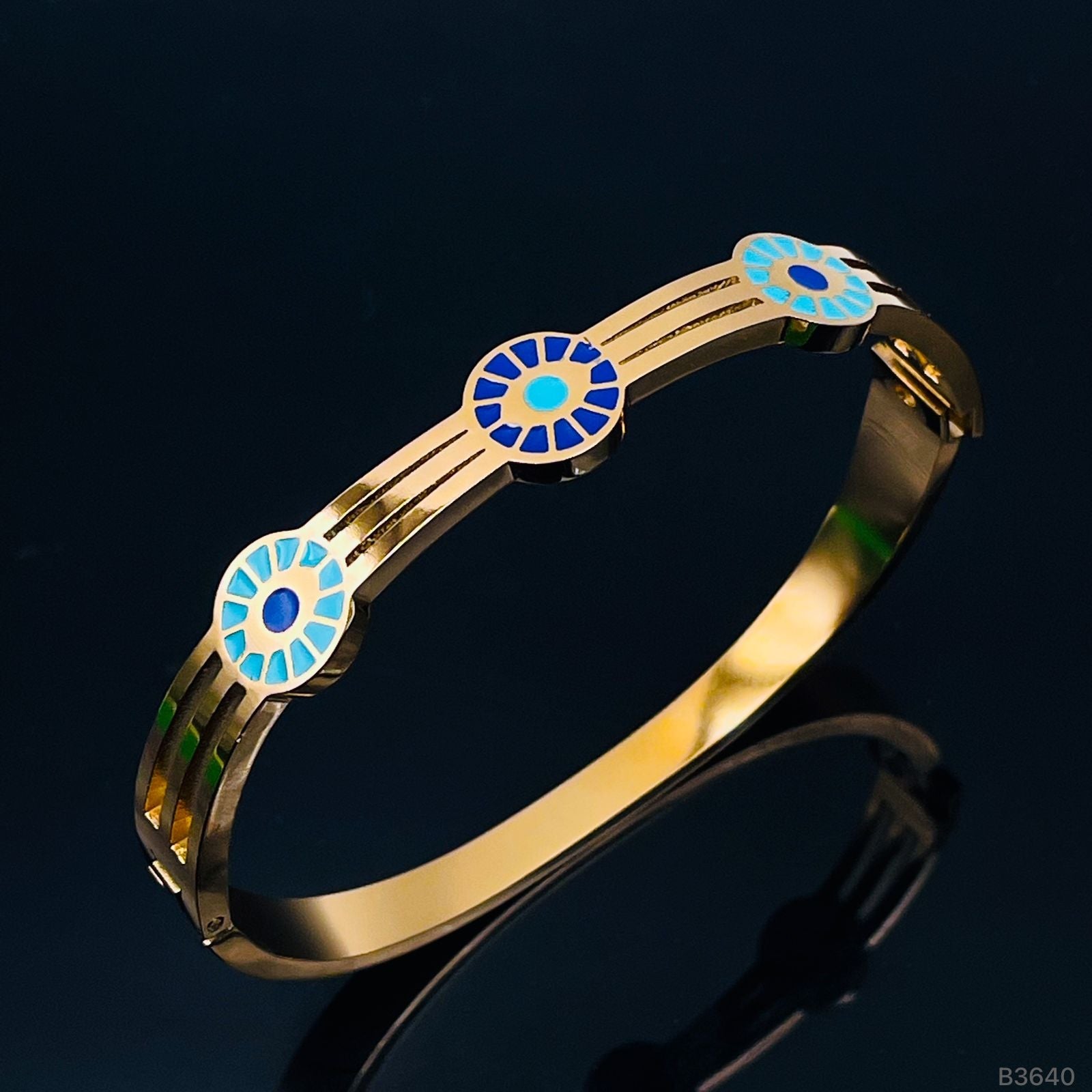 Triple Evil Eye Gold Stainless Steel Openable Kada Bracelet Bulk