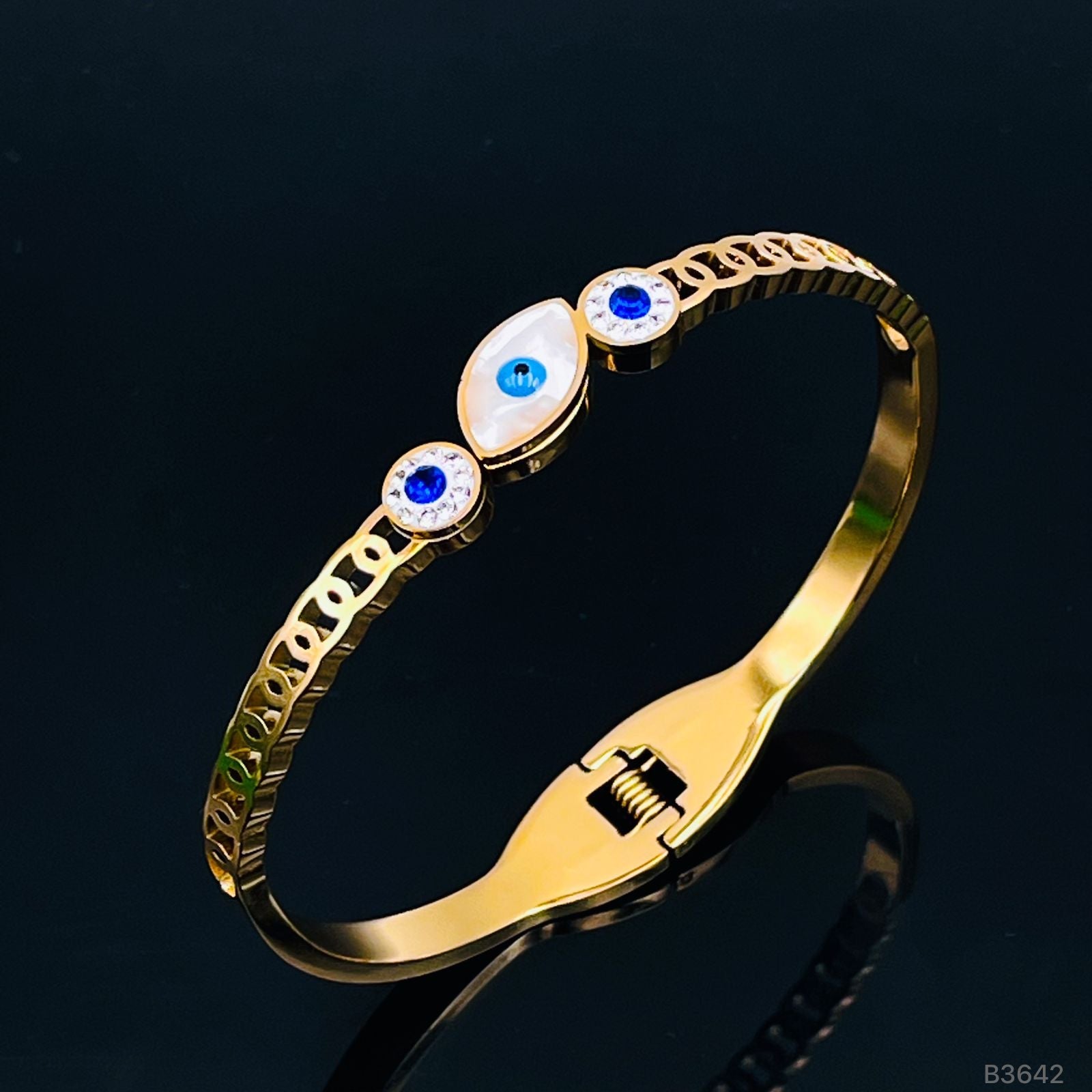 Mother of Pearl Evil Eye 18K Gold Stainless Steel Openable Kada Bracelet for Women Main image