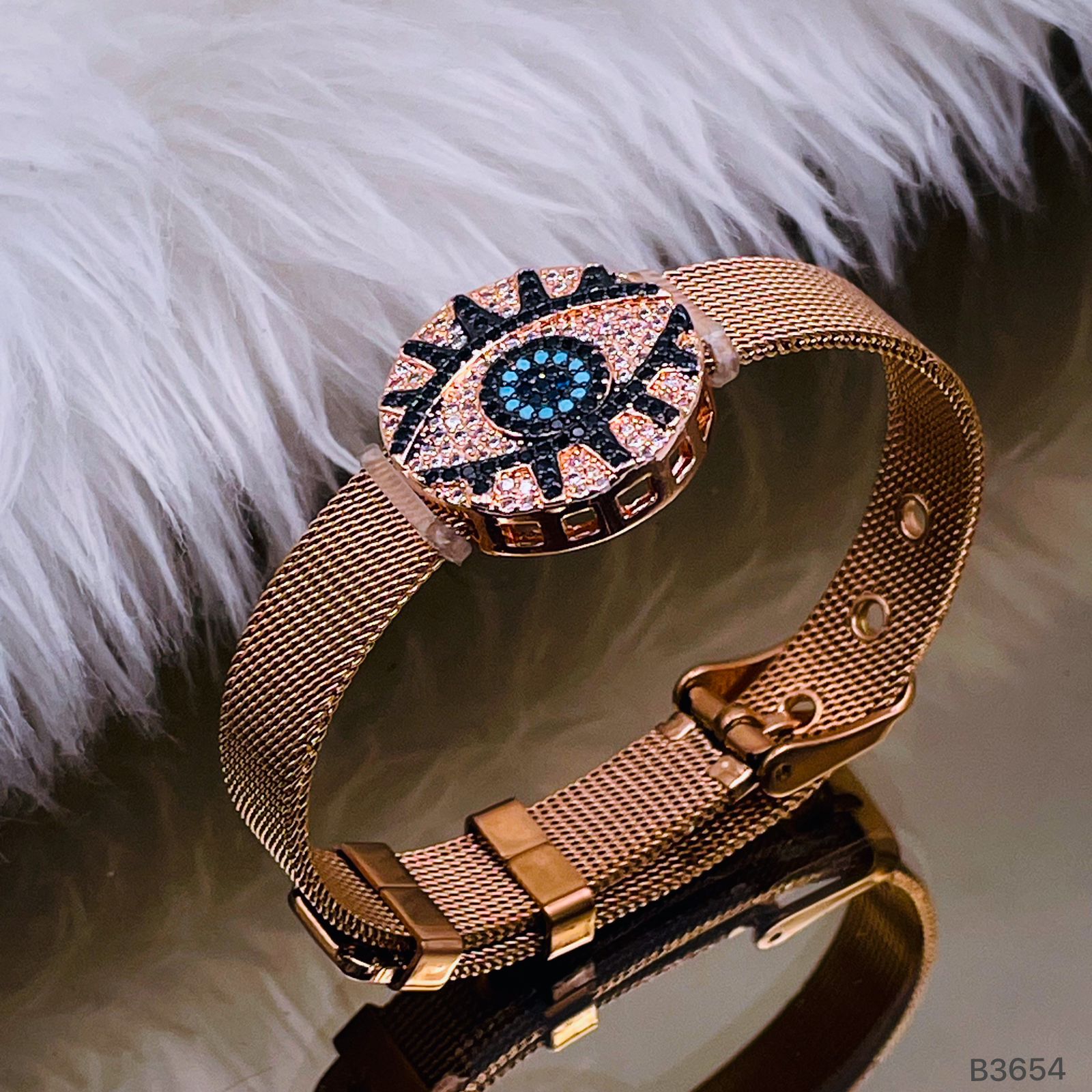 Evil Eye Medallion Rose Gold Adjustable Mesh Watch Strap Bracelet Bulk Main image