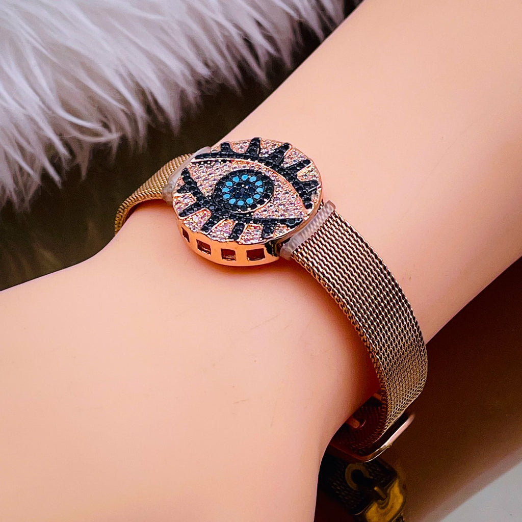 Evil Eye Medallion Rose Gold Adjustable Mesh Watch Strap Bracelet Bulk