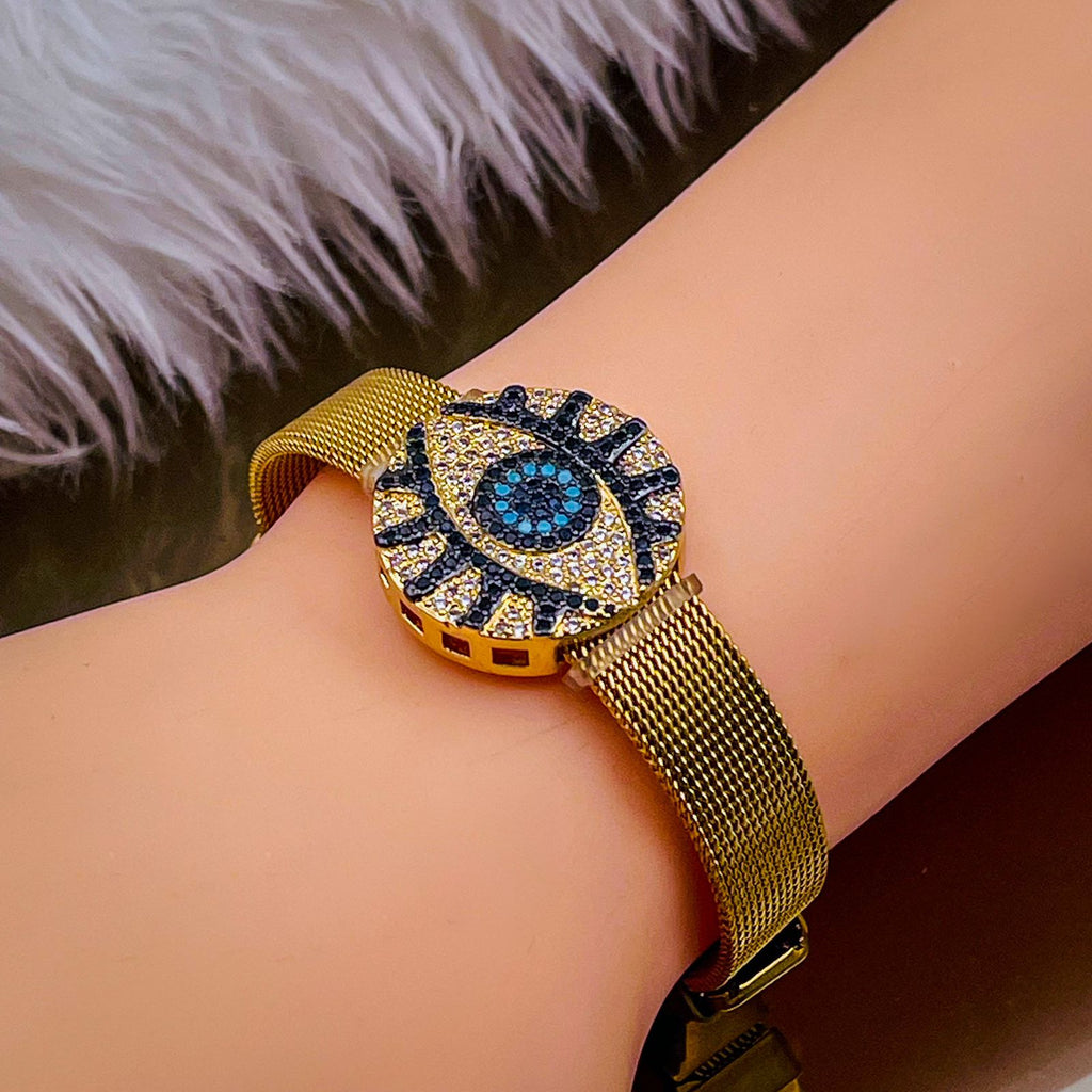 Evil Eye Medallion Rose Gold Adjustable Mesh Watch Strap Bracelet Bulk