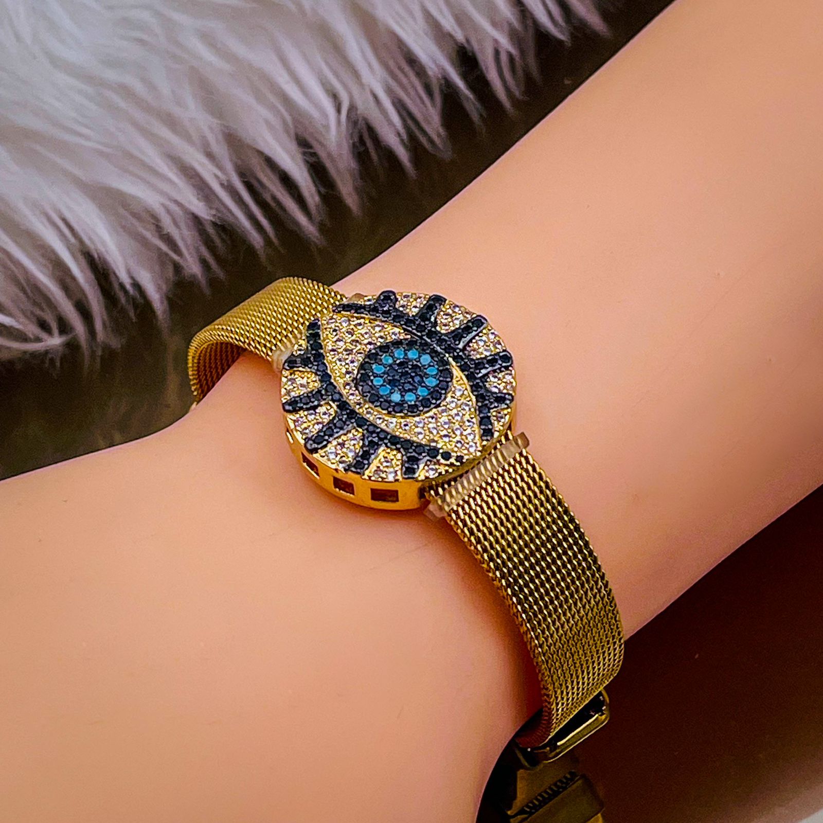 Evil Eye Medallion Rose Gold Adjustable Mesh Watch Strap Bracelet Bulk