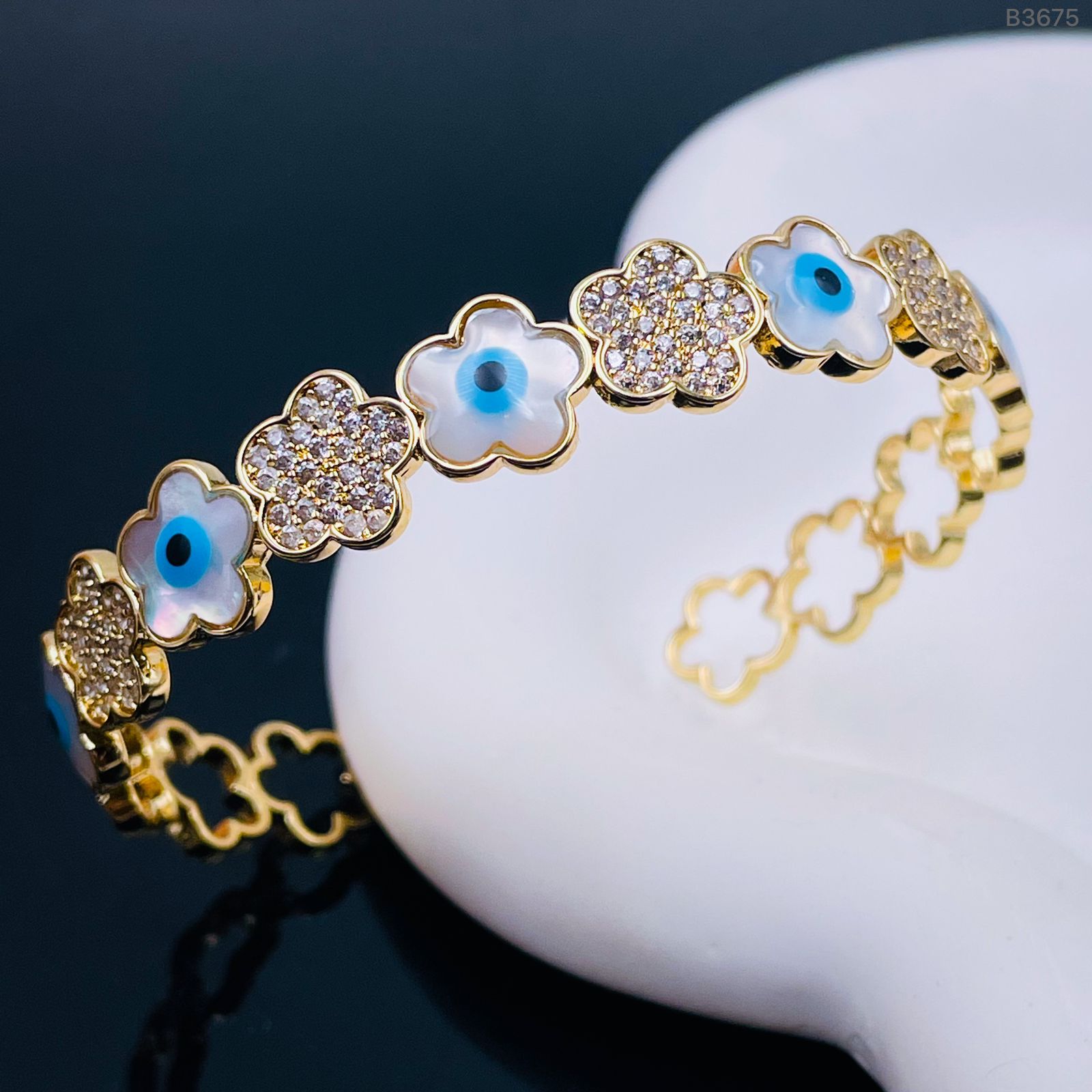 Clover Evil Eye 18K Gold Cuff Kada Bangle For Women Bulk