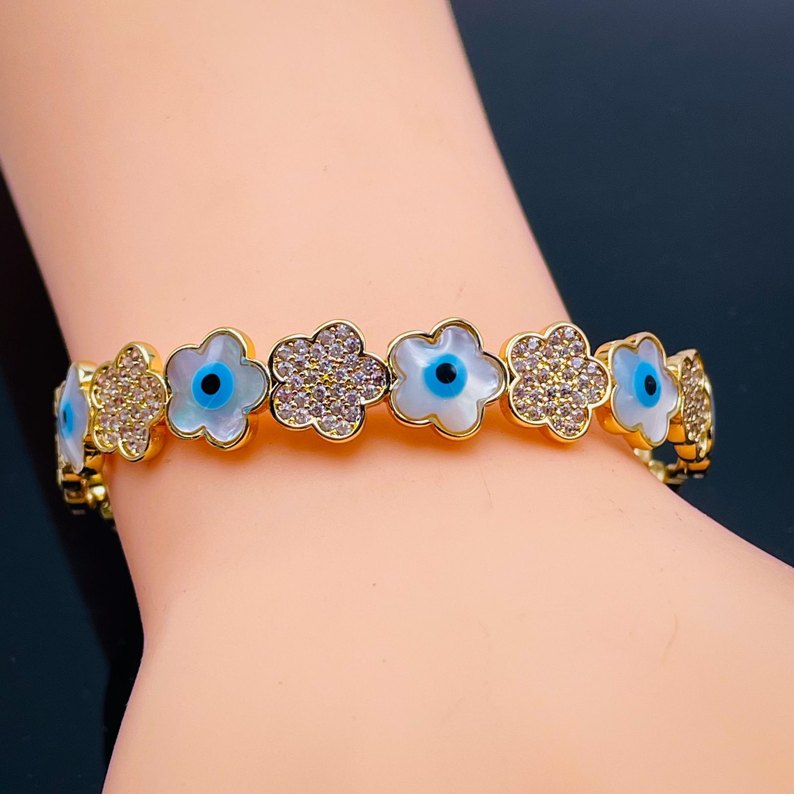 Clover Evil Eye 18K Gold Cuff Kada Bangle For Women Bulk
