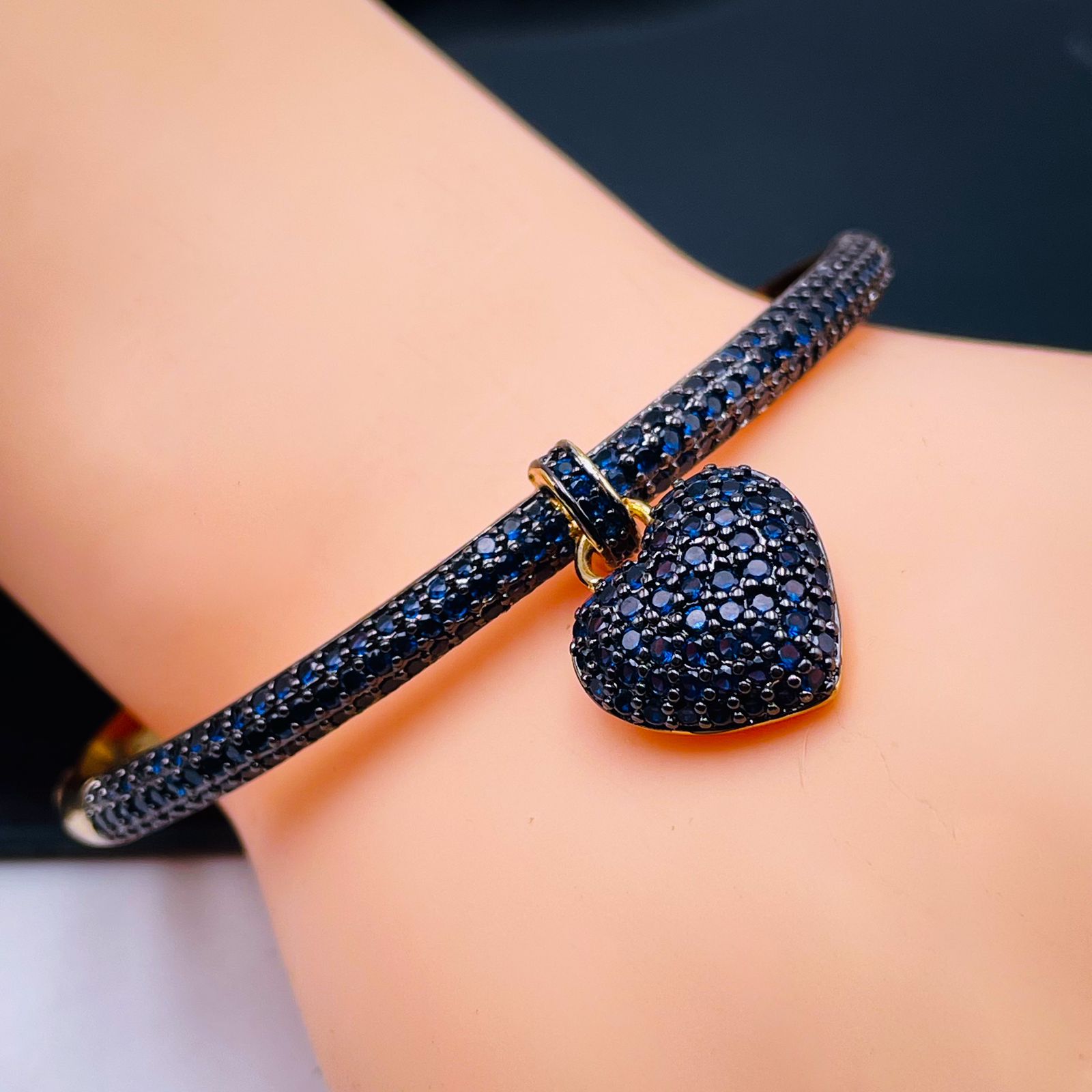 Blue Heart Love Cubic Zirconia 18K Gold Openable Kada Bracelet Bulk