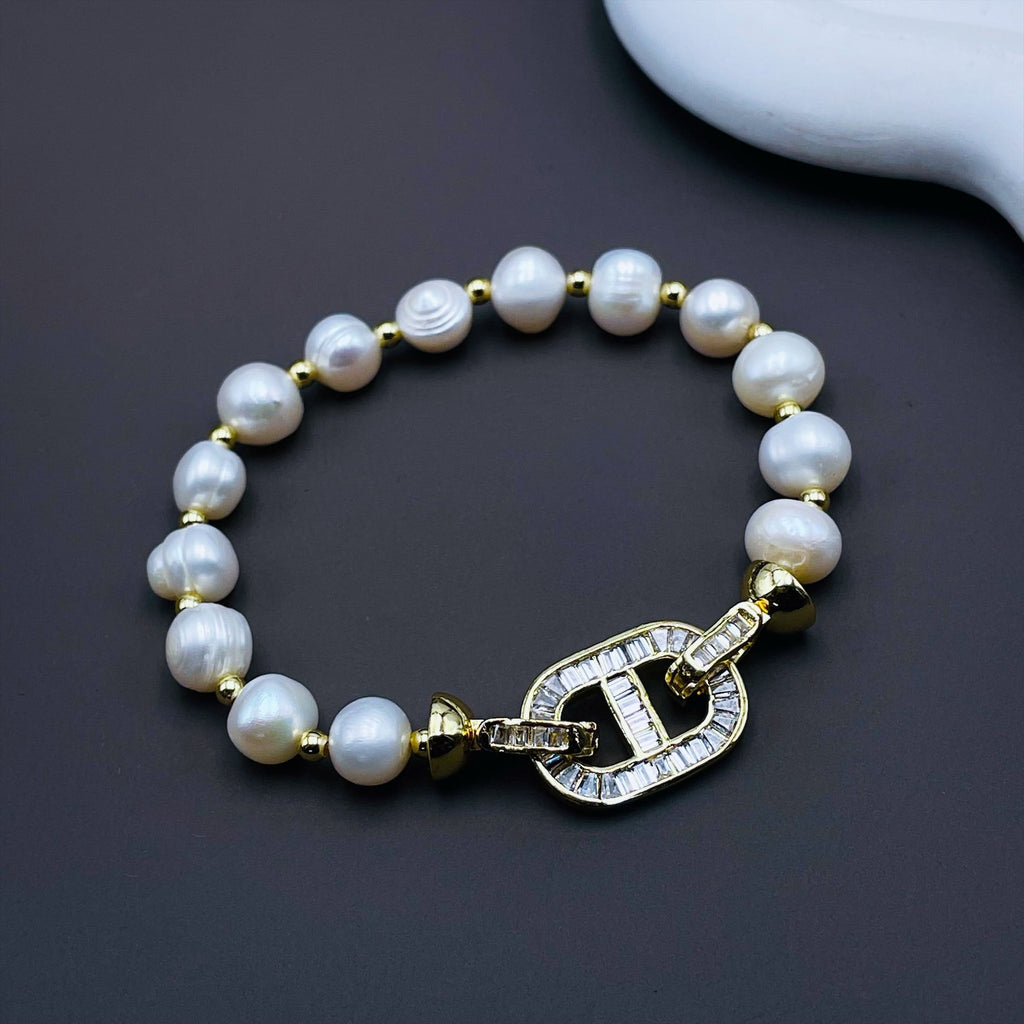 Cd Cubic Zirconia Pearl Silver Stretchable Free Size Bracelet Bulk