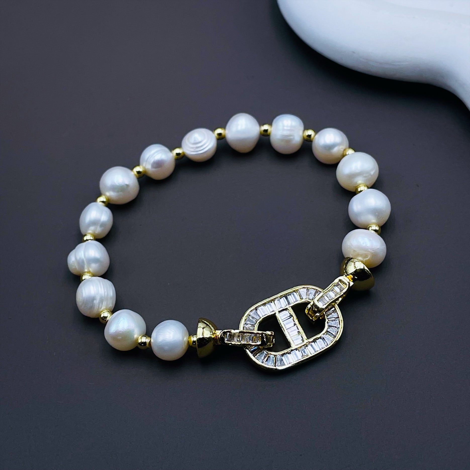 Cd Cubic Zirconia Pearl Silver Stretchable Free Size Bracelet Bulk