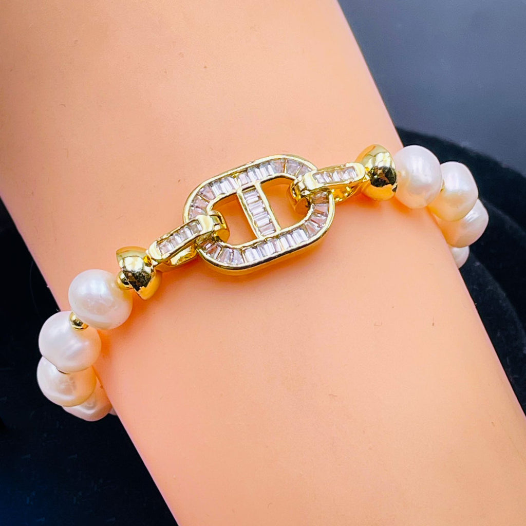 Cd Cubic Zirconia Pearl Silver Stretchable Free Size Bracelet Bulk