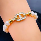 Cd Cubic Zirconia Pearl Silver Stretchable Free Size Bracelet Bulk