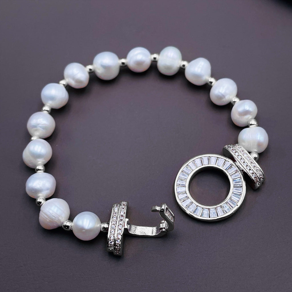 Ring Baguette CZ Pearl Silver Stretchable Free Size Bracelet Bulk