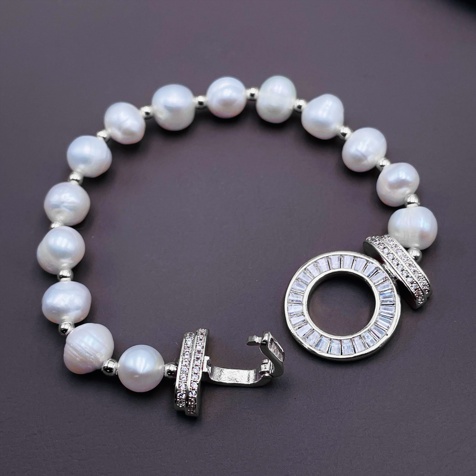 Ring Baguette CZ Pearl Silver Stretchable Free Size Bracelet Bulk
