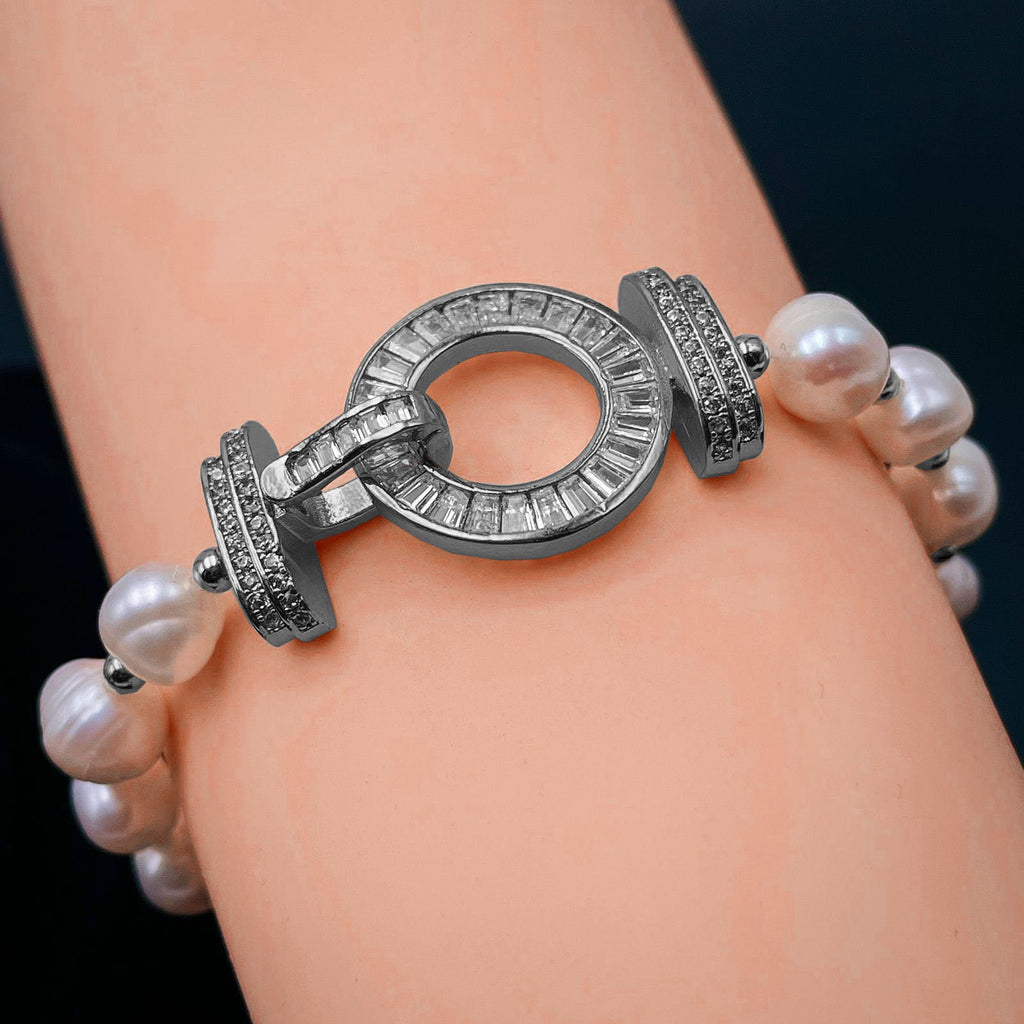 Ring Baguette CZ Pearl Silver Stretchable Free Size Bracelet Bulk