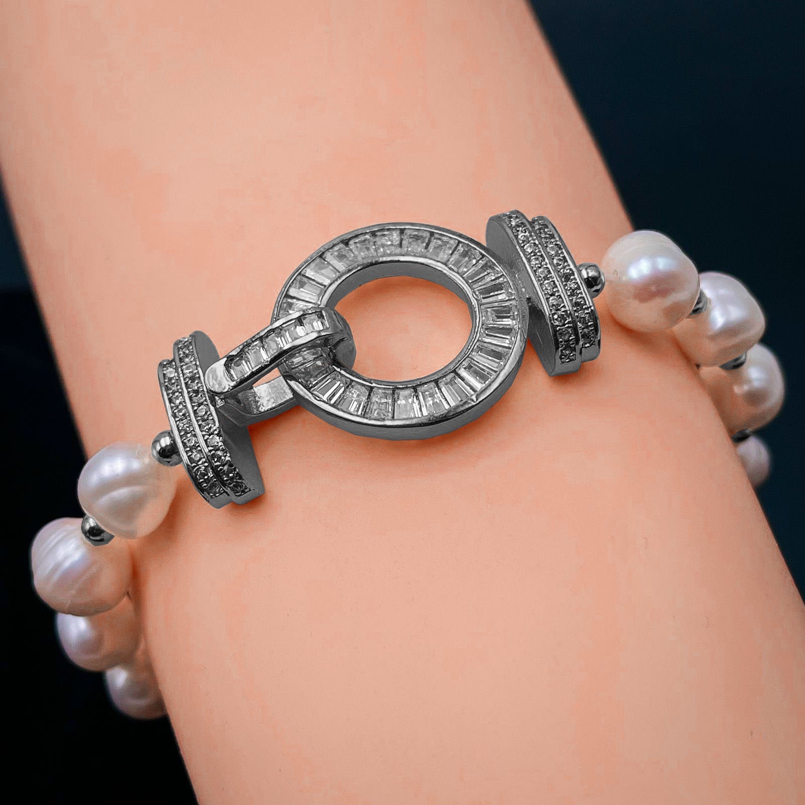 Ring Baguette CZ Pearl Silver Stretchable Free Size Bracelet Bulk