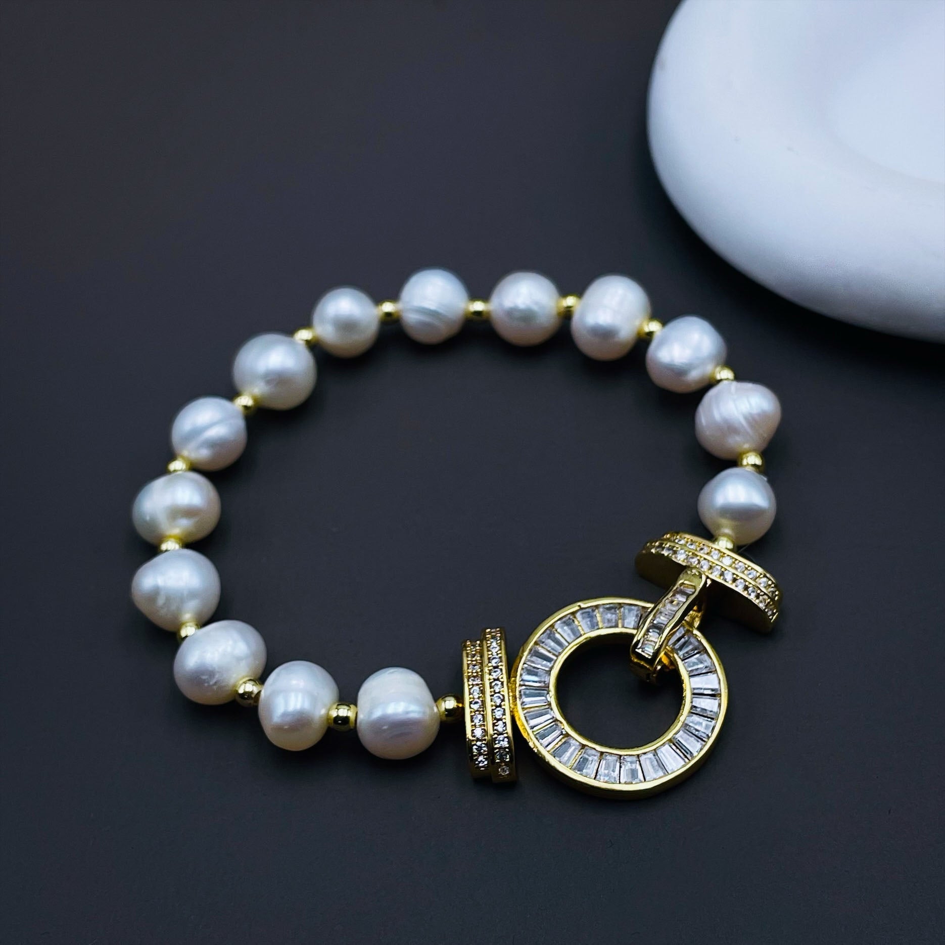 Ring Baguette CZ Pearl Silver Stretchable Free Size Bracelet Bulk Secondary image