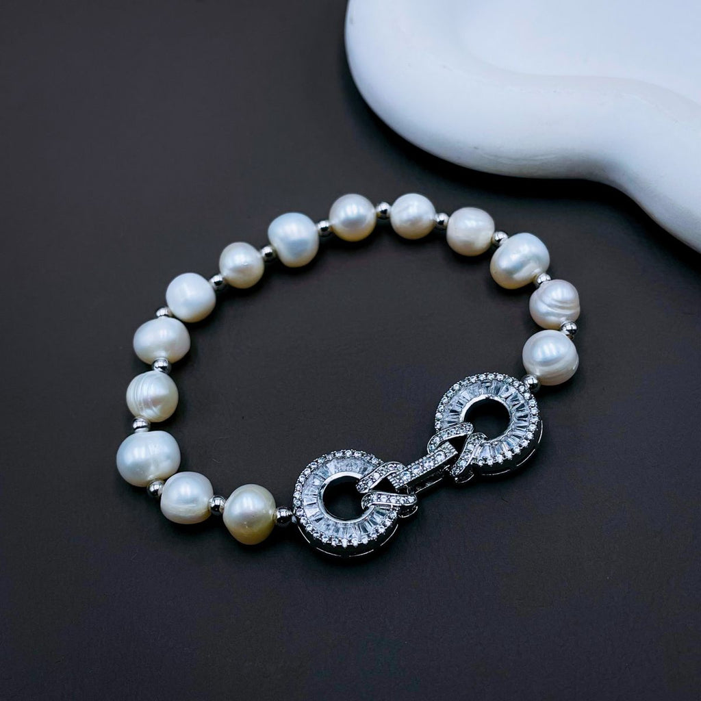 Dual Ring Baguette CZ Pearl Silver Stretchable Free Size Bracelet Bulk