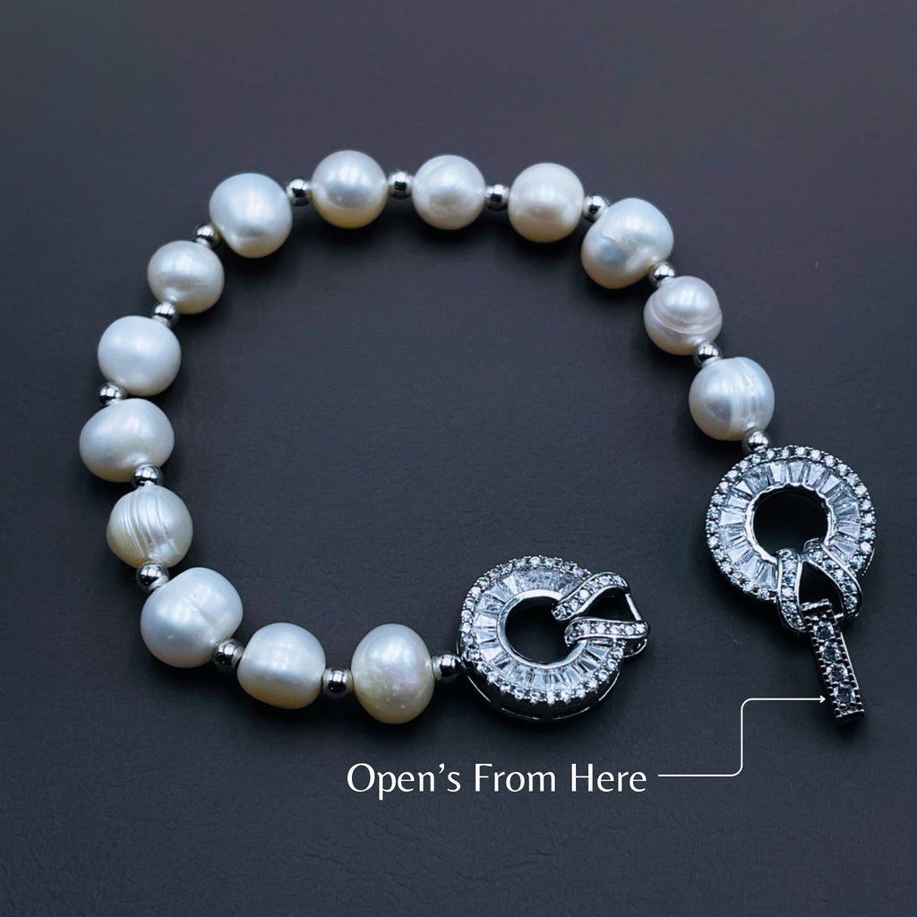 Dual Ring Baguette CZ Pearl Silver Stretchable Free Size Bracelet Bulk