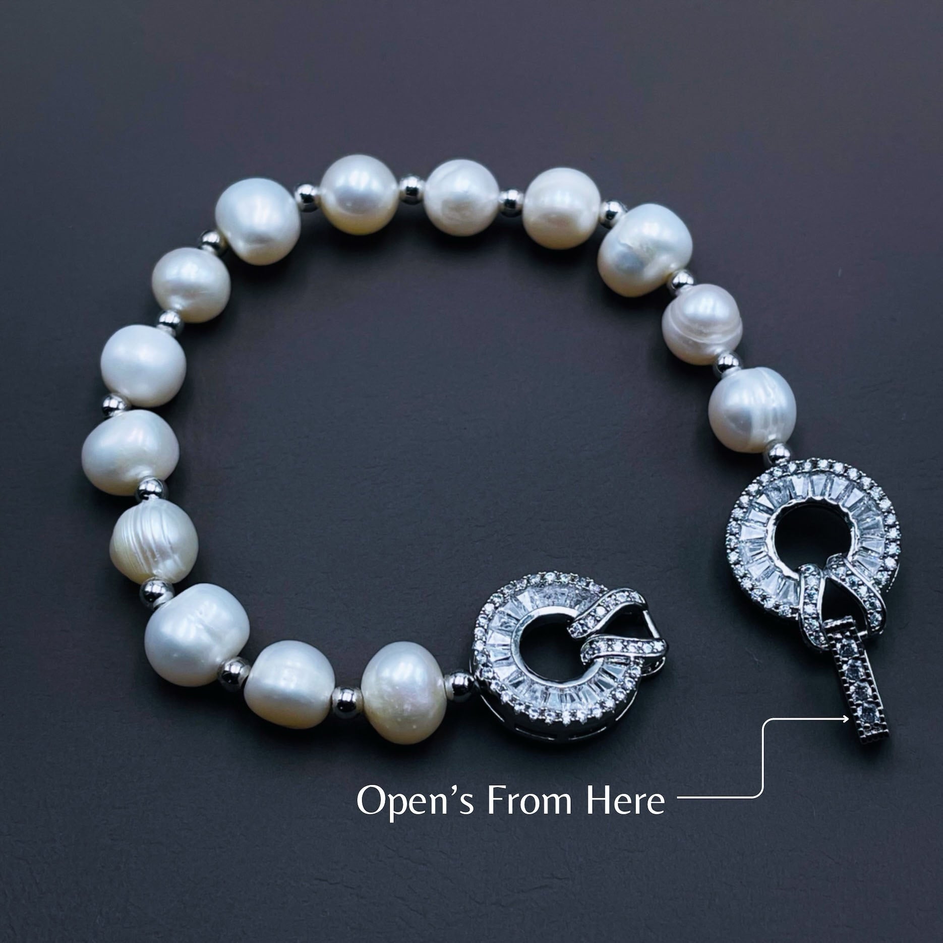 Dual Ring Baguette CZ Pearl Silver Stretchable Free Size Bracelet Bulk