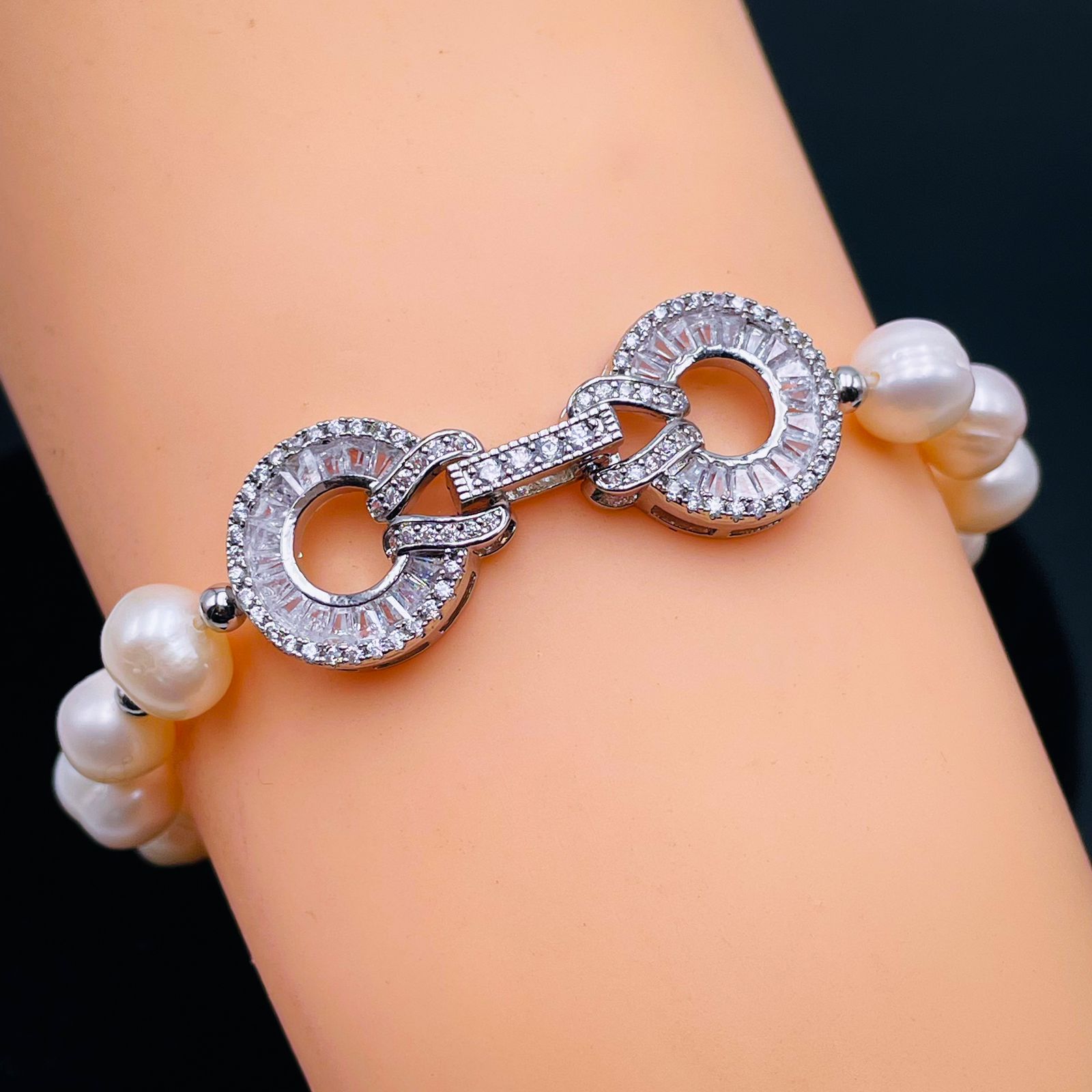 Dual Ring Baguette CZ Pearl Silver Stretchable Free Size Bracelet Bulk