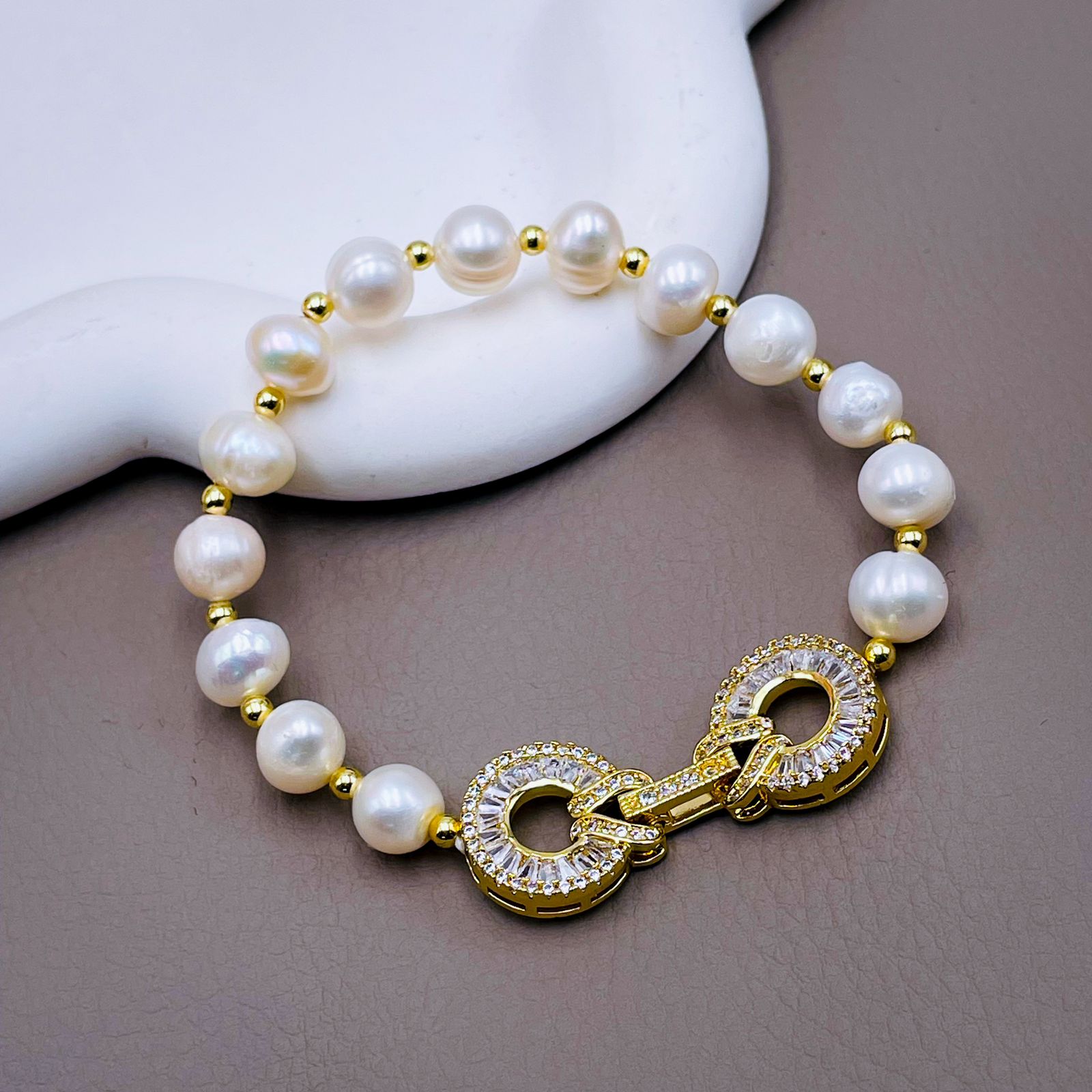 Dual Ring Baguette CZ Pearl Silver Stretchable Free Size Bracelet Bulk