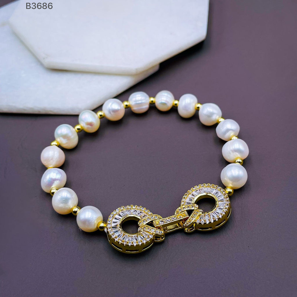Dual Ring Baguette CZ Pearl Silver Stretchable Free Size Bracelet Bulk
