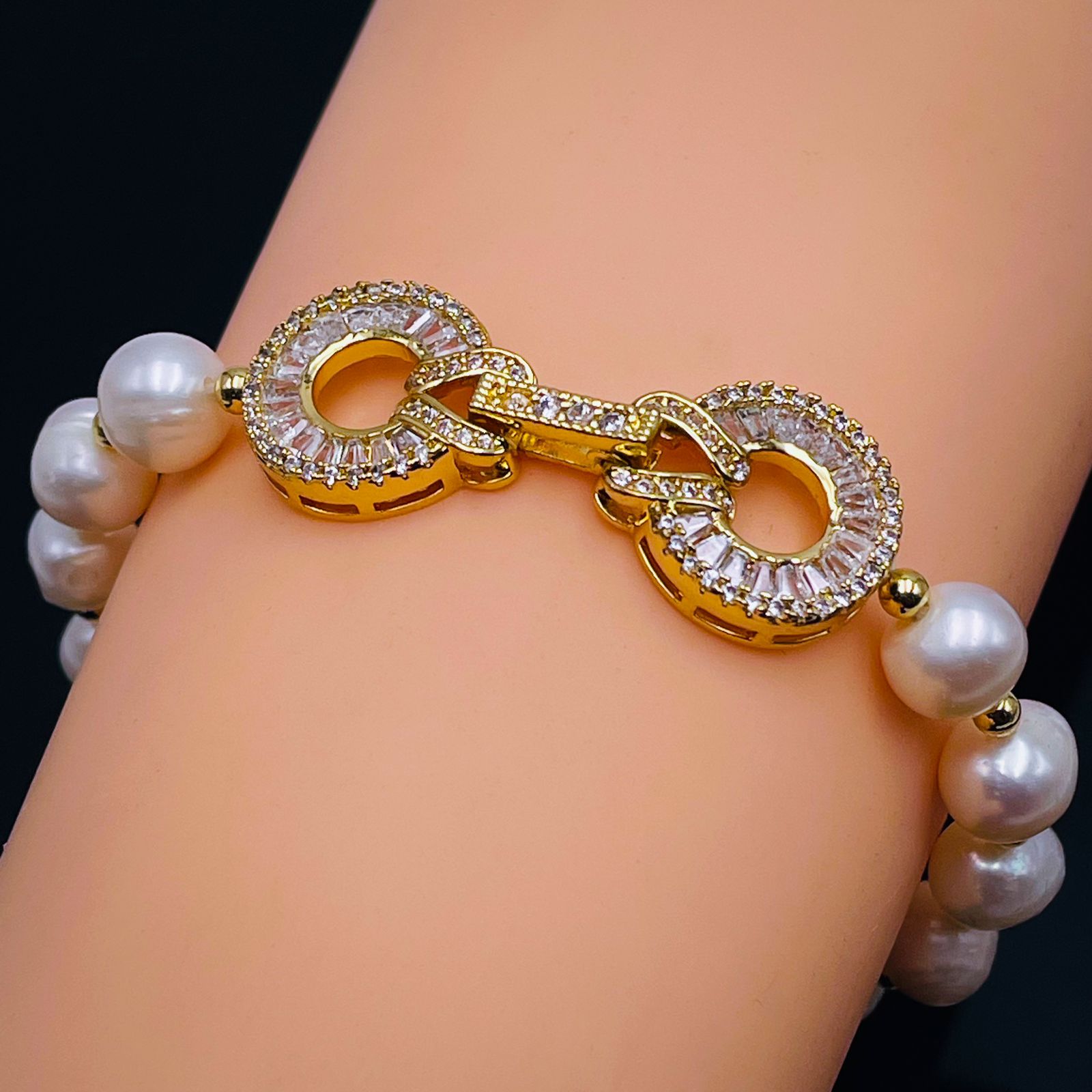 Dual Ring Baguette CZ Pearl Silver Stretchable Free Size Bracelet Bulk