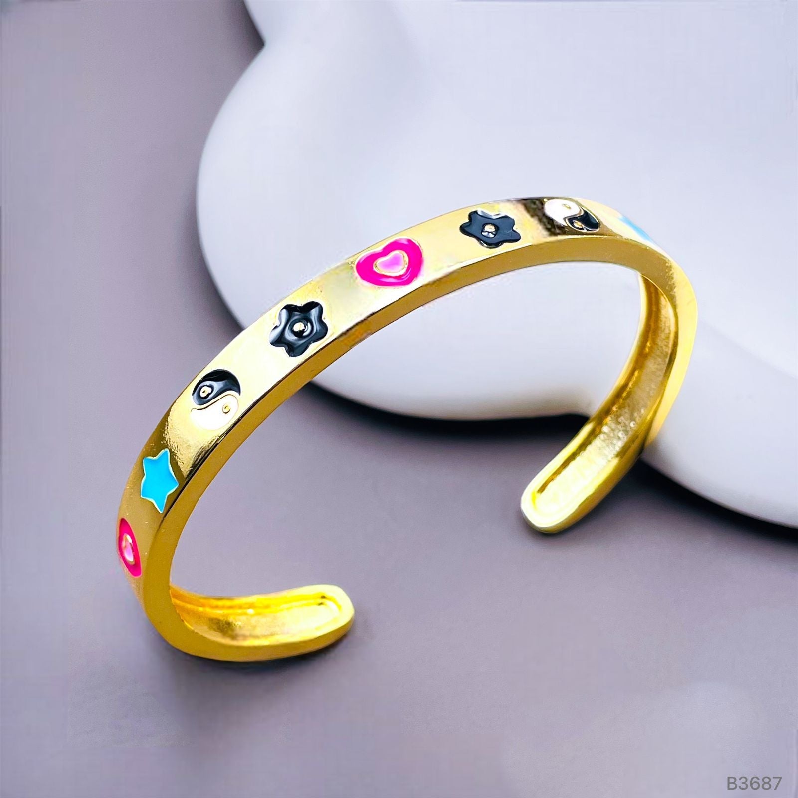 Ying Yang Love Peace Multi Color Enamel 18K Gold Cuff Kada Bangle for Women Main image
