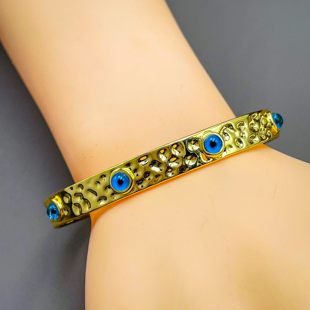 5 Evil Eye 18K Beaten Gold Anti Tarnish Cuff Kada Bangle Women Bulk