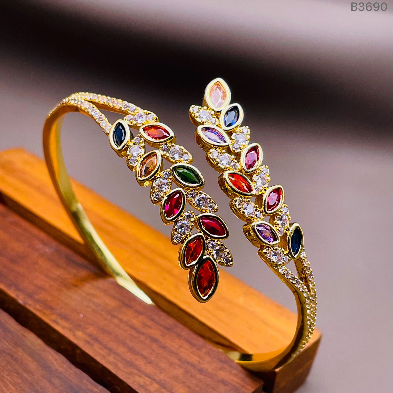 Floral Leaf Multi Color CZ 18K Gold Openable Kada Bangle Bulk Main image