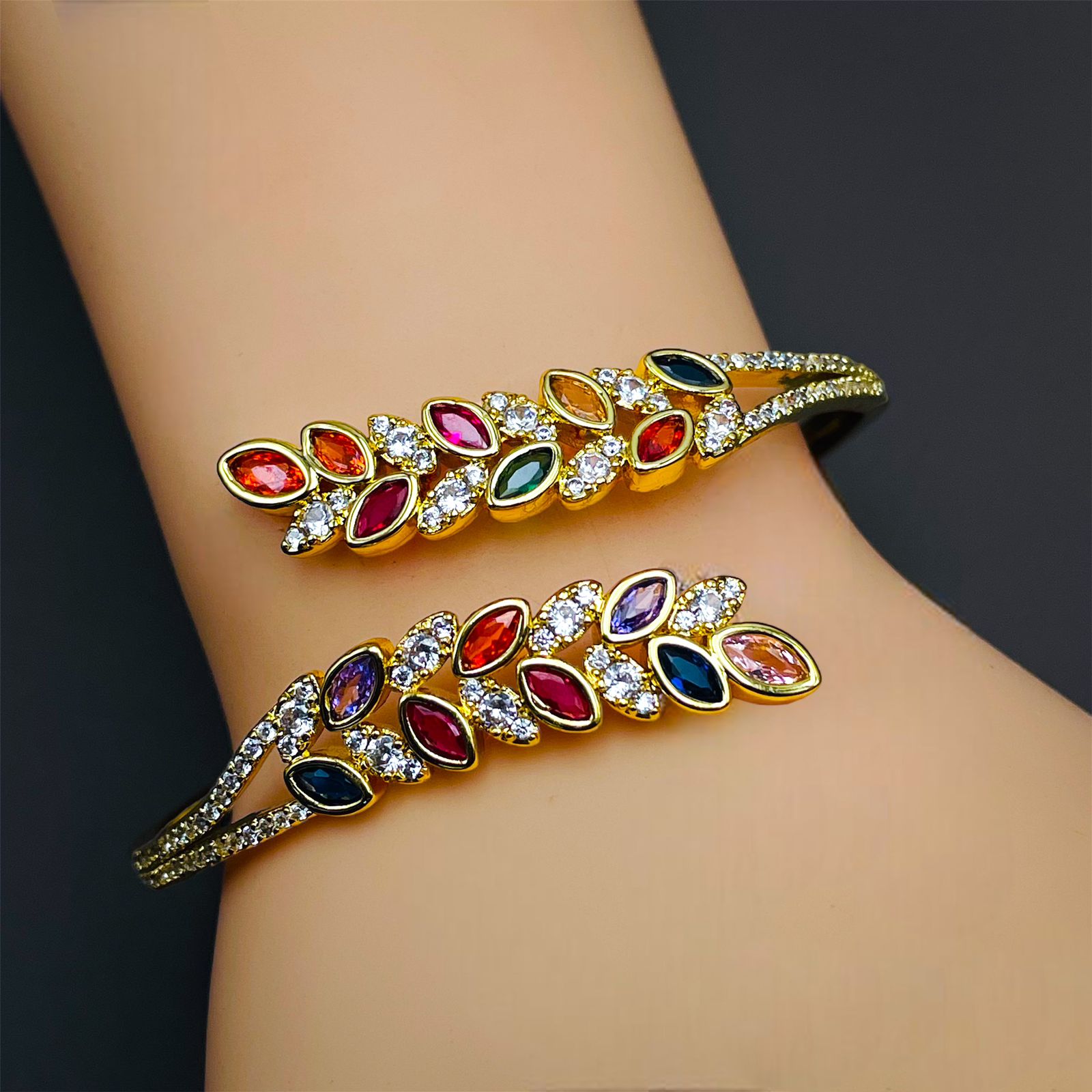 Floral Leaf Multi Color CZ 18K Gold Openable Kada Bangle Bulk