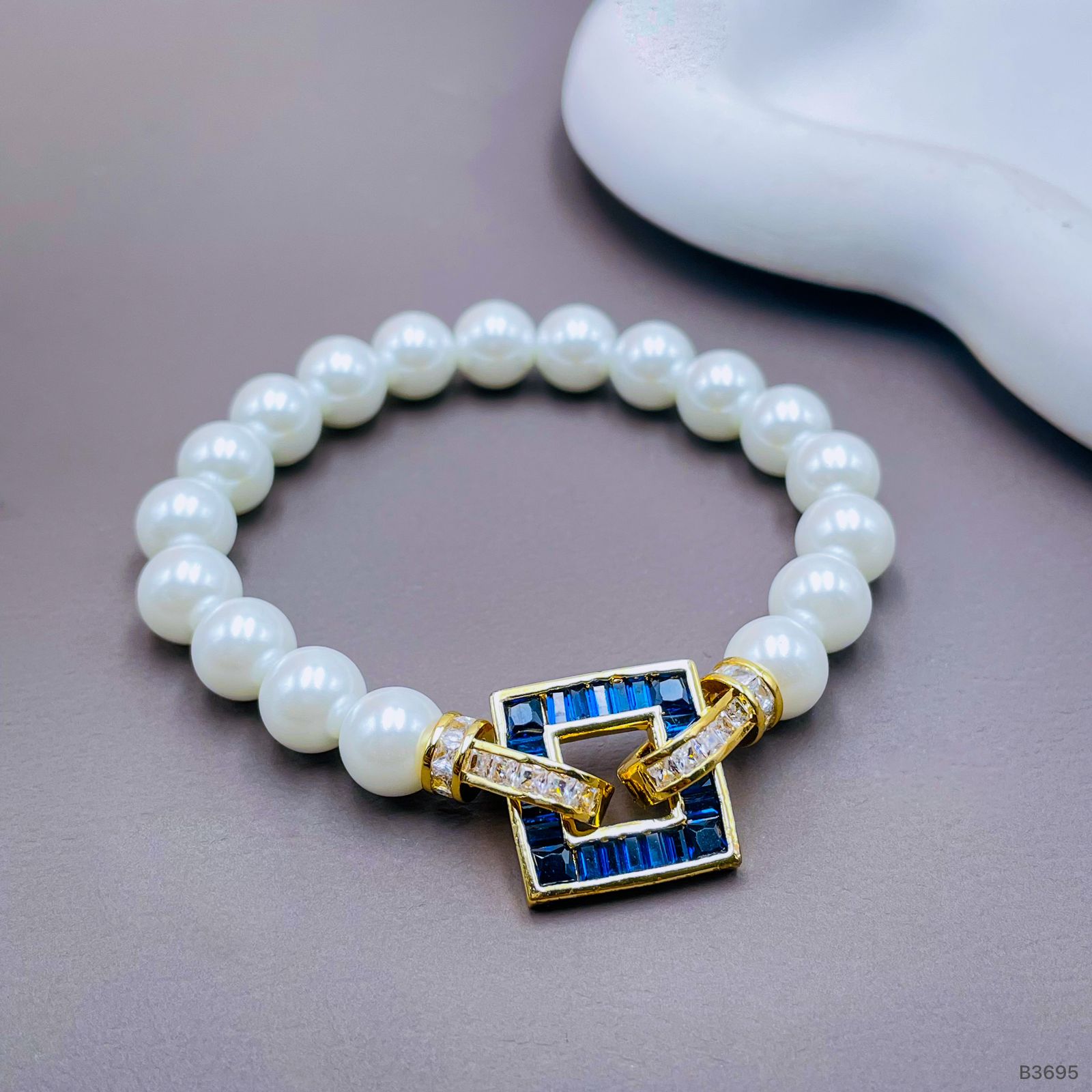 Sapphire Blue Square Baguette CZ Gold Pearl Stretchable Bracelet Bulk