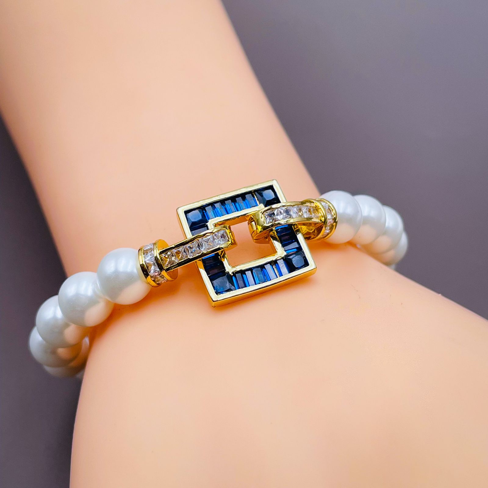 Sapphire Blue Square Baguette CZ Gold Pearl Stretchable Bracelet Bulk