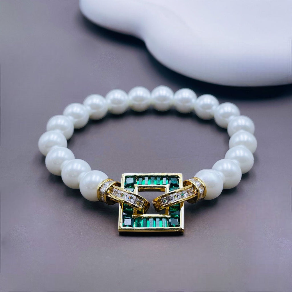 Sapphire Blue Square Baguette CZ Gold Pearl Stretchable Bracelet Bulk
