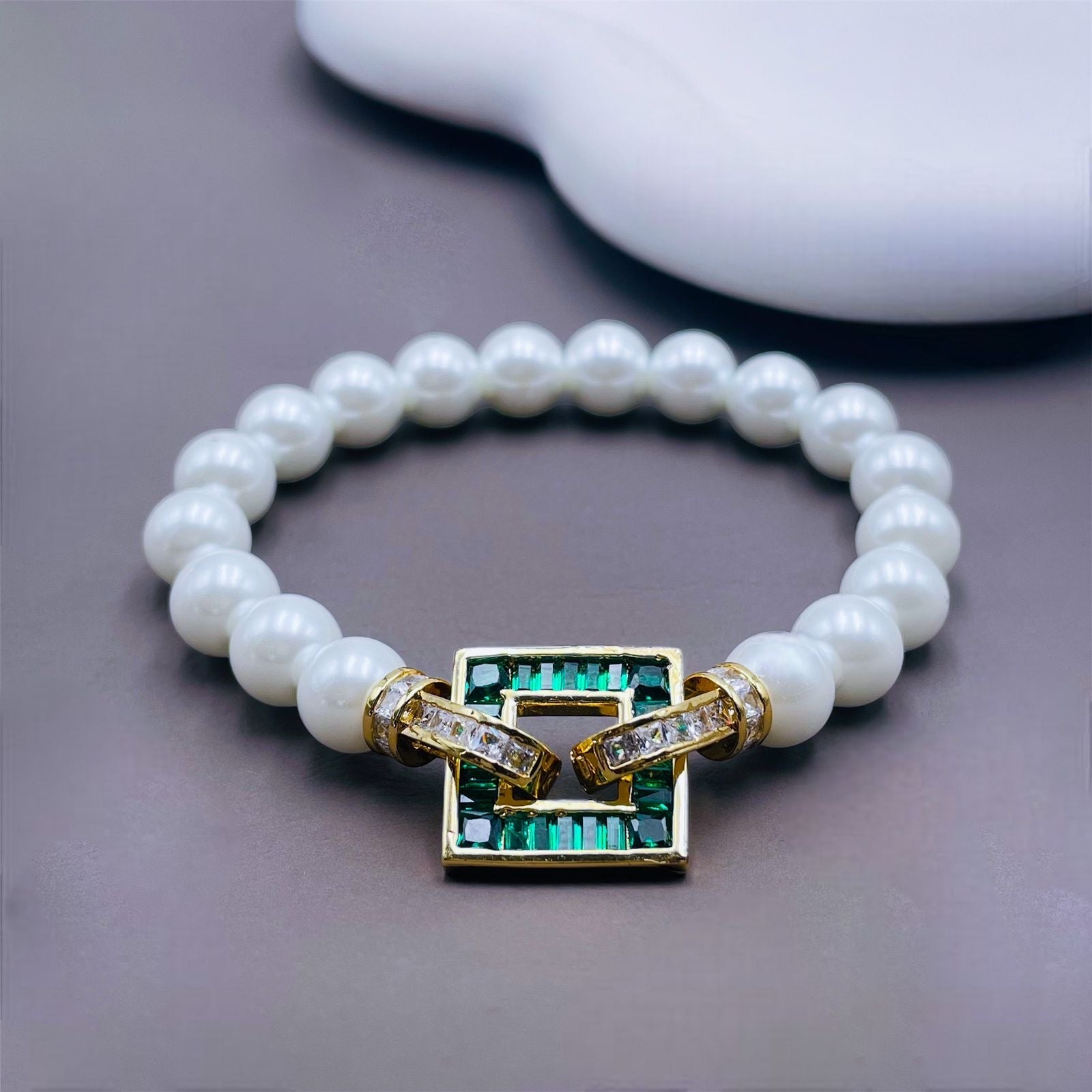 Sapphire Blue Square Baguette CZ Gold Pearl Stretchable Bracelet Bulk