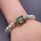 Sapphire Blue Square Baguette CZ Gold Pearl Stretchable Bracelet Bulk