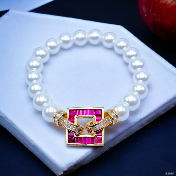 Sapphire Blue Square Baguette CZ Gold Pearl Stretchable Bracelet Bulk Secondary image