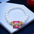 Sapphire Blue Square Baguette CZ Gold Pearl Stretchable Bracelet Bulk
