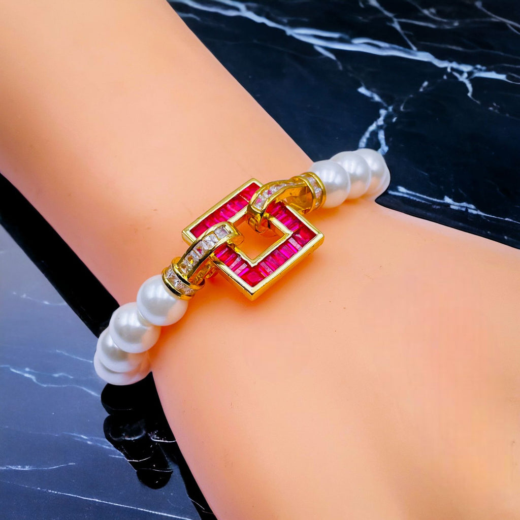 Sapphire Blue Square Baguette CZ Gold Pearl Stretchable Bracelet Bulk