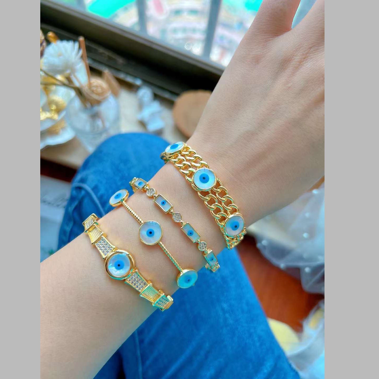 Triple Evil Eye Mother Of Pearl Slim Gold Anti Tarnish Cuff Kada Bulk
