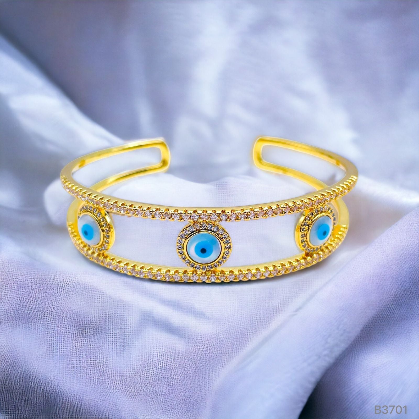 Three Evil Eye Mother Of Pearl Twin 18K Gold Cuff Kada Bangle Bulk Main image