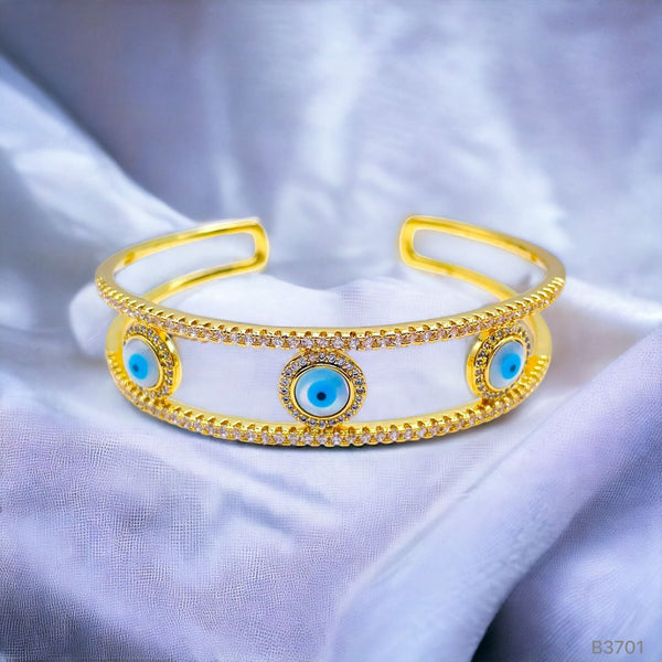 Three Evil Eye Mother Of Pearl Twin 18K Gold Cuff Kada Bangle Bulk Main image