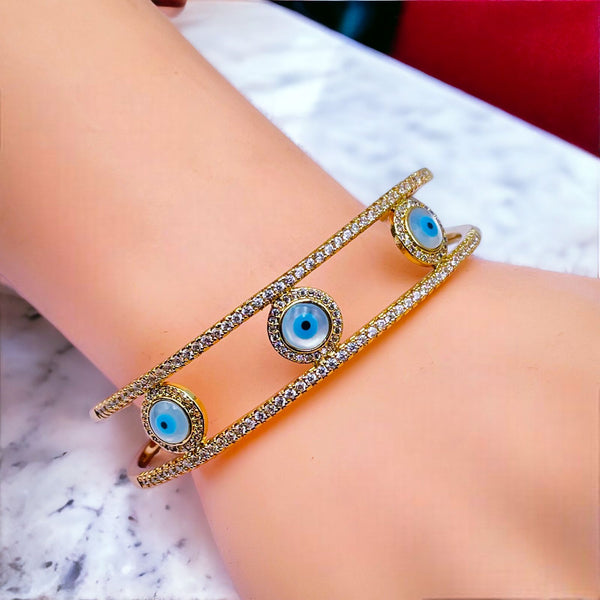 Three Evil Eye Mother Of Pearl Twin 18K Gold Cuff Kada Bangle Bulk Secondary image