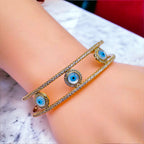 Three Evil Eye Mother Of Pearl Twin 18K Gold Cuff Kada Bangle Bulk
